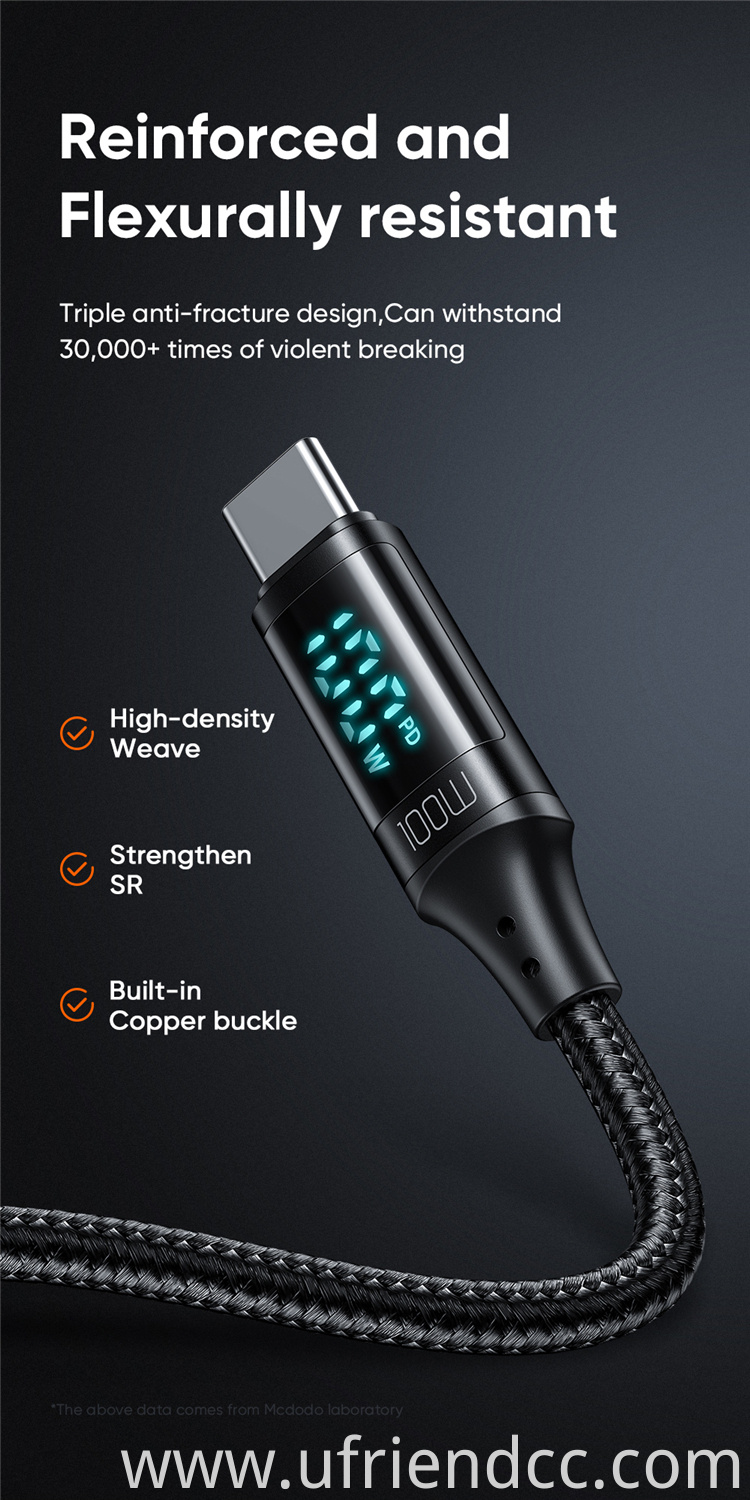 OEM length Pd Fast Charging Type-c To Type-c Cable 100w Charging Data Cable With Led Digital Display Cable